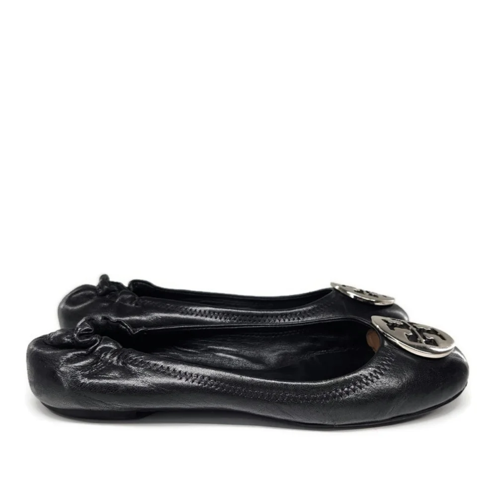 Tory Burch Reva Black Leather Silver-Tone Double-T Medallion Classic Ballet Flat
